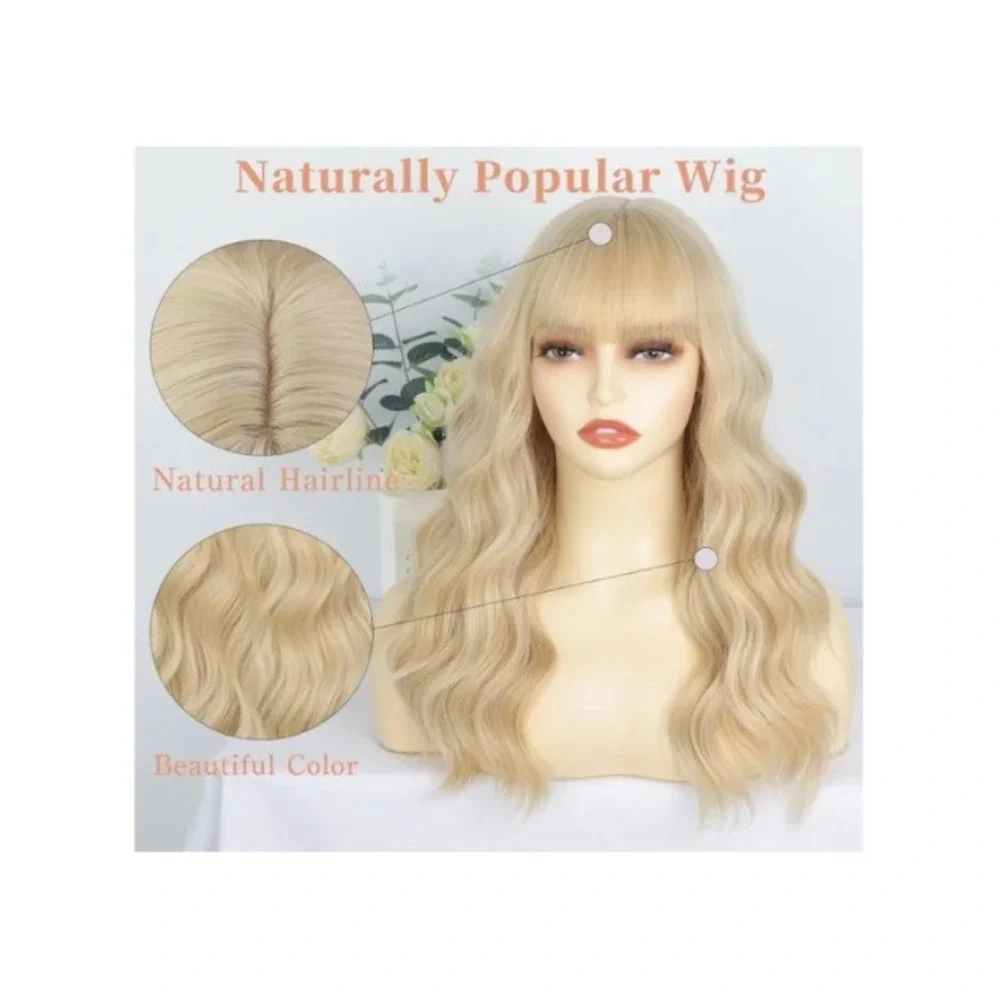 20 Inch Blonde Wavy Wig with Bangs Synthetic Medium Length Curly Hair Natural